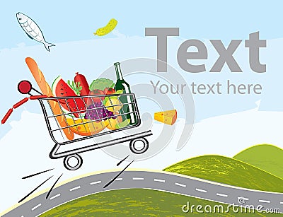 Trolley full of delicious food on the road Vector Illustration