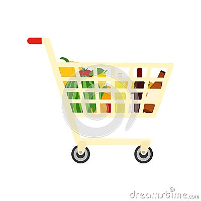Trolley with groceries. Beer lemon watemelon. Flat vector illustration Vector Illustration