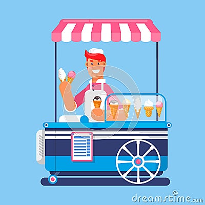 Trolley with ice cream. Ice cream cart market. Vector illustration Vector Illustration