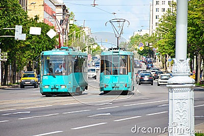 Electric transport trolleybus on the road in the city in the summer Editorial Stock Photo