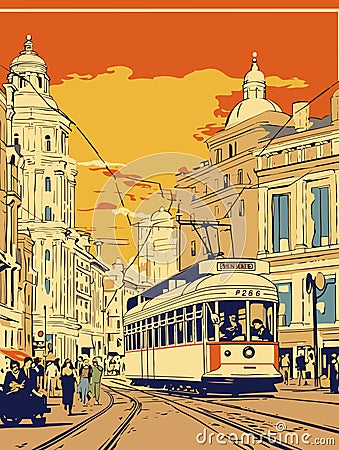 A Trolley On A Street - helsinki finland vintage advertising poster Vector Illustration