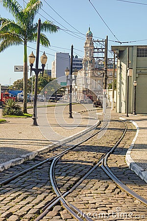 trolley track on streets of the historic center of Santos, Brazil Stock Photo