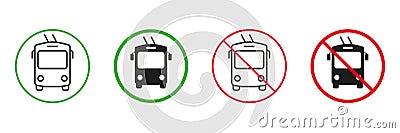 Trolleybus Line and Silhouette Icons Set. Trolley Bus Red and Green Road Signs. Permit and Not Allowed City Electric Vector Illustration