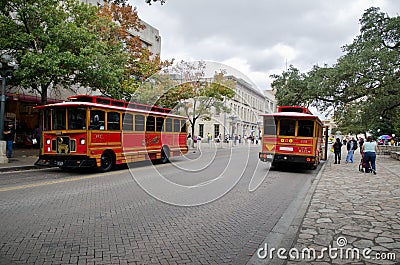 Trolleys in downtown San Antonio Editorial Stock Photo