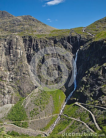 Trollstigen or the Trolls Road which consists of 11 hairpin bends in Rauma Municipality, MÃ¸re og Romsdal County, Norway. Stock Photo
