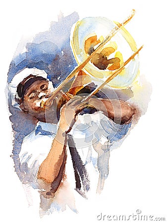 Trombone Player Watercolor Hand Painted Jazz Music Illustration Stock Photo