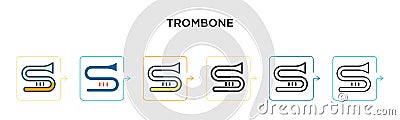 Trombone vector icon in 6 different modern styles. Black, two colored trombone icons designed in filled, outline, line and stroke Vector Illustration