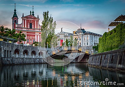 Tromostovje bridge and Ljubljanica river. Ljubljana, Slovenia. Stock Photo