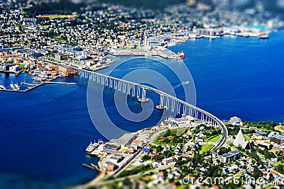 Tromso bridge from high altitude mountain bokeh background Stock Photo