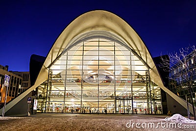 Tromso, Norway. Exterior night view of the City Public Library, modern architecture building. Editorial Stock Photo