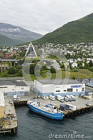 Tromso port scene with arctic cathedral and nordic houses Editorial Stock Photo