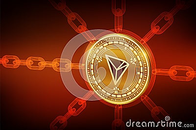 Tron. Crypto currency. Block chain. 3D isometric Physical Tron coin with wireframe chain. Blockchain concept. Editable Cryptocurre Cartoon Illustration