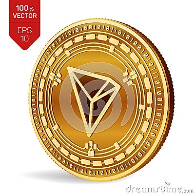 Tron. 3D isometric Physical coin. Digital currency. Cryptocurrency. Golden coin with Tron symbol isolated on white background. Vec Cartoon Illustration