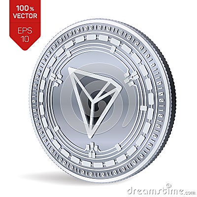 Tron. 3D isometric Physical coin. Digital currency. Cryptocurrency. Silver coin with Tron symbol isolated on white background. Vec Cartoon Illustration