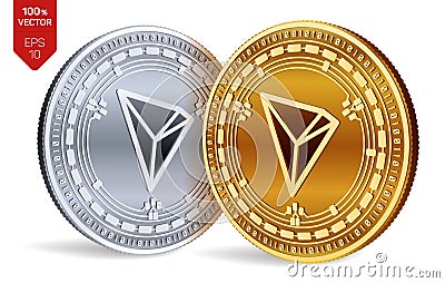 Tron. 3D isometric Physical coins. Digital currency. Cryptocurrency. Golden and silver coins with Tron symbol isolated on white ba Cartoon Illustration