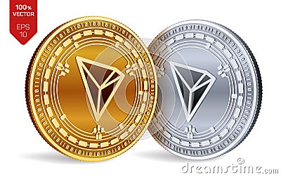 Tron. 3D isometric Physical coins. Digital currency. Cryptocurrency. Golden and silver coins with Tron symbol isolated on white ba Cartoon Illustration