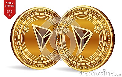 Tron. 3D isometric Physical coins. Digital currency. Cryptocurrency. Golden coins with Tron symbol isolated on white background. V Cartoon Illustration
