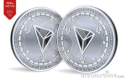 Tron. 3D isometric Physical coins. Digital currency. Cryptocurrency. Silver coins with Tron symbol isolated on white background. V Cartoon Illustration