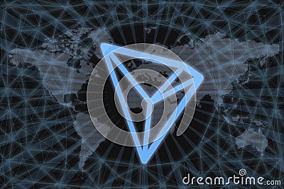 TRON TRX Abstract Cryptocurrency. With a dark background and a world map. Graphic concept for your design Stock Photo