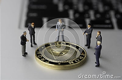 TRON TRX Coin and businessmans on notebook. Editorial Stock Photo