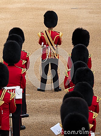 Trooping the Colour, annual military ceremony in London in the presence of the Queen. Guards wear bearskin hats. Editorial Stock Photo