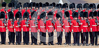 Trooping the Colour ceremony at Horse Guards Parade, Westminster, London UK, with Household Division soldiers. Editorial Stock Photo