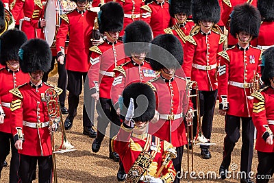 Trooping the Colour, military parade at Horse Guards, Westminster UK with musicians from the massed bands. Editorial Stock Photo