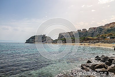 Tropea Beach, town view and Santa Maria dell`Isola Church - Trop Stock Photo
