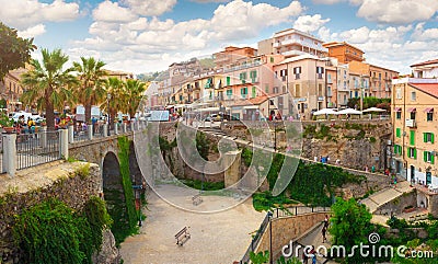 Tropea, Italy - September 9, 2019: Panorama of Tropea city center with stone stairs down to the beach. Editorial Stock Photo