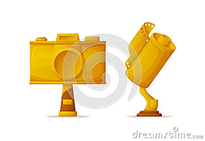 Media Award, Trophies in Camera and Film Shapes Vector Illustration