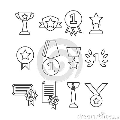 Trophies for winners line icons. Gold cups, medals, Stock Photo