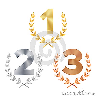 Trophy Award Set Vector. Award. Figures 1, 2, 3 One, Two, Three In A Realistic Gold Silver Bronze Laurel Wreath. Winner Vector Illustration