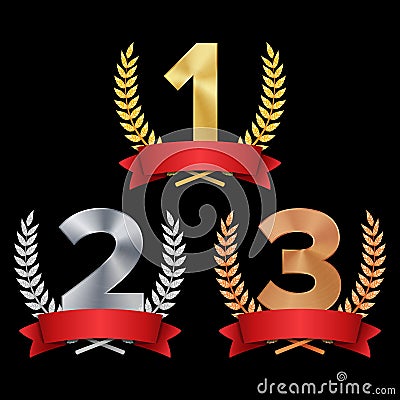 Trophy Award Set Vector. Figures 1, 2, 3 One, Two, Three In A Realistic Gold Silver Bronze Laurel Wreath And Red Ribbon Vector Illustration