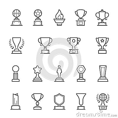 Trophy awards outline stroke icons set Vector Illustration