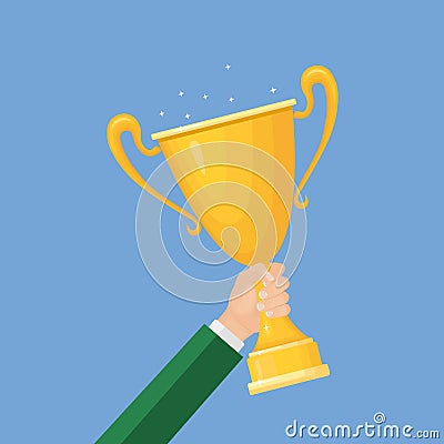 Trophy cup in hand. Gold goblet isolated on background. Awards for winner, champion. Concept of victory, award, championship, Vector Illustration