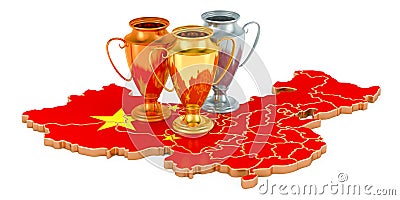 Trophy Cups on Chinese map. Sport Tournaments in China, concept. 3D rendering Stock Photo