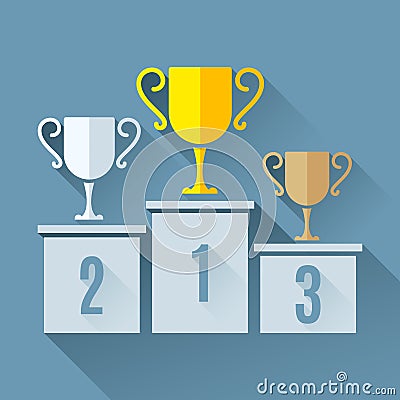 Trophy Cups on Podium Vector Illustration