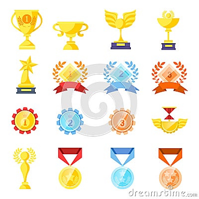 Trophy medals and cups set isolated on white background. Cartoon trophy elements for games, web, icons, packages etc. Vector Vector Illustration