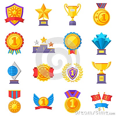 Trophy medals and winning ribbon success icons. Win awards vector winner symbols Vector Illustration