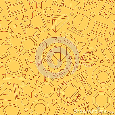 Trophy pattern. Sport winner rewards medal and cups textile texture vector seamless background thin line icons Vector Illustration