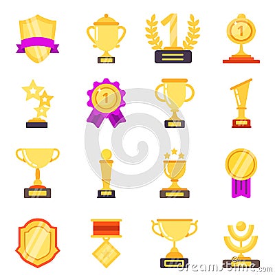 Trophy symbols. Achievement awards medals with ribbons for winners sport victory vector flat icons Vector Illustration