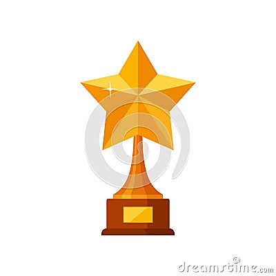 Trophy winner gold star with wooden base isolated on white background. Gold prize award icon Vector Illustration