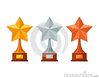 Trophy winner stars with wooden base isolated on white background. Gold, silver and bronze prize award icon Vector Illustration