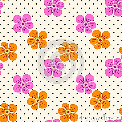 Tropic abstract flowers minimal seamless pattern on polka dots Vector Illustration