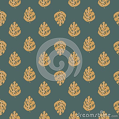 Tropic abstract seamless pattern with botanic beige monstera ornament. Pale navy blue background Vector Illustration