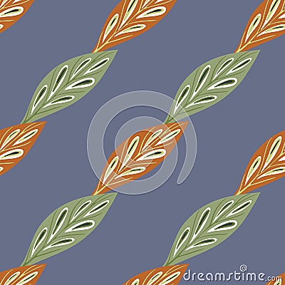 Tropic abstract seamless pattern with green and brown diagonal leaf ornament. Blue pale background Vector Illustration