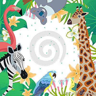 Tropic background with cartoon style icons of zebra, giraffe, flamingo, koala, parrot ara. Cute characters in frame for different Vector Illustration