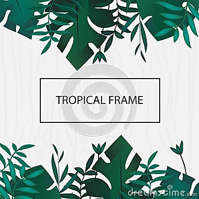 Tropic banner. Design template. Tropical frame. Exotic leaves frame with blank space on wooden background. Advertisement, flyer Vector Illustration