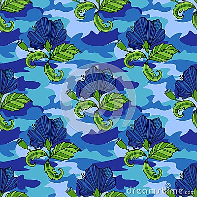 Tropic flowers on the camouflage background. Vector seamless pattern. Camo flower tropical illustration. For your web Vector Illustration