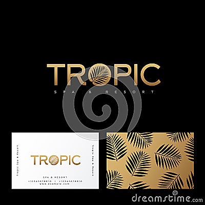 Tropic gold logo. Resort and Spa emblem. O letter with palm leaf. Identity, business card. Vector Illustration